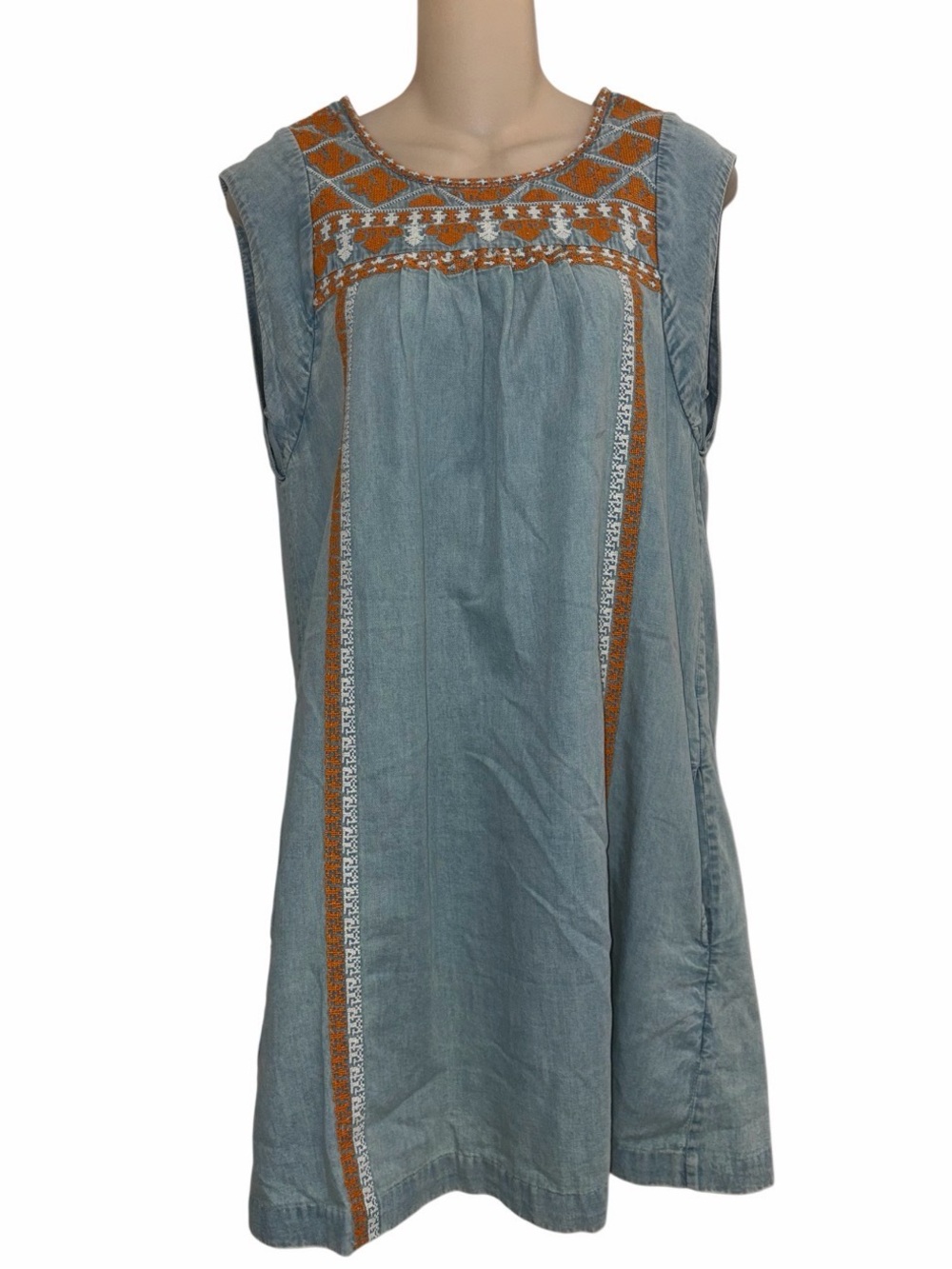 Faherty Chambray Blue Southwest Mini Dress Size Small Embroidered Pockets